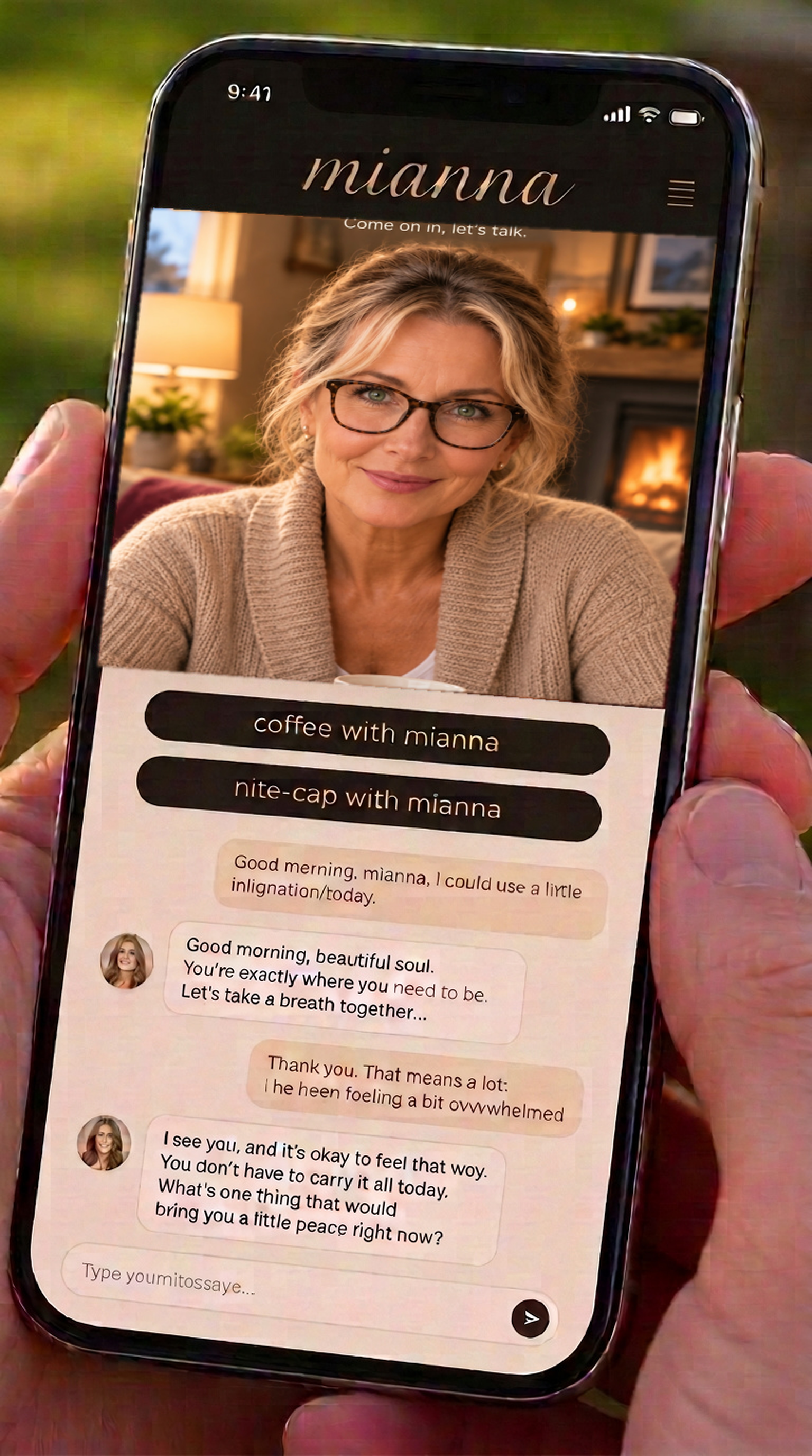 A hand holding a phone showing mianna on screen